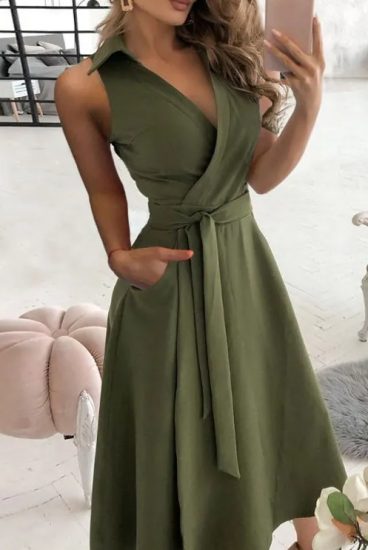 Elegant midi dress with collar, olive green
