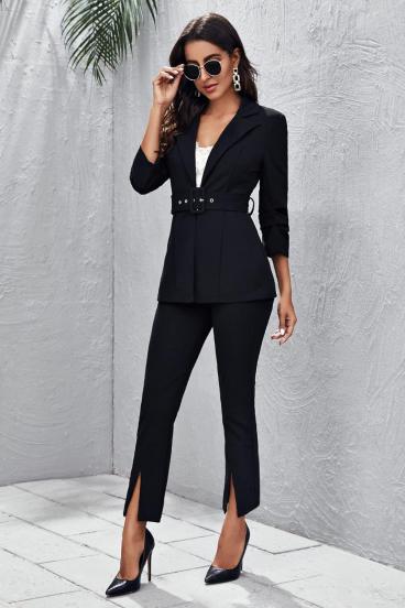 Elegant blazer and pants set with belt, black