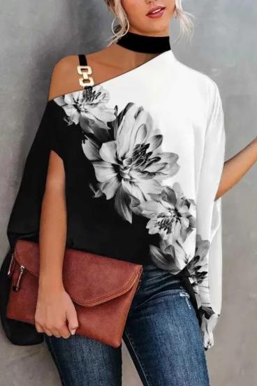 Elegant loose blouse with print, black/white