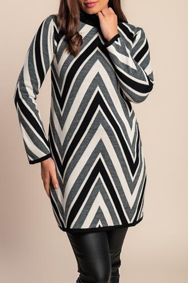 Knitted mini dress in tricolor combination, gray