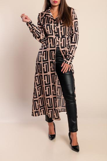 Elegant long shirt with geometric print, beige