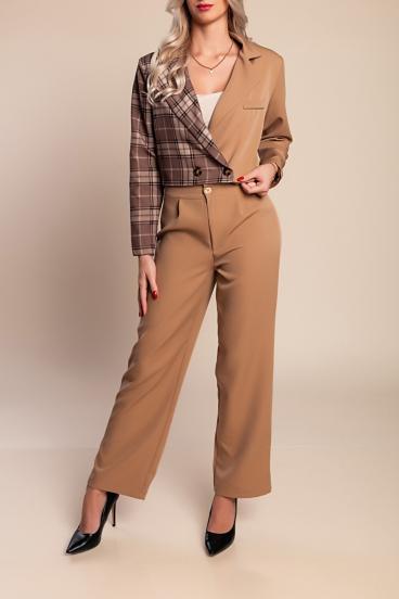 Elegant check print blazer and pants set, camel
