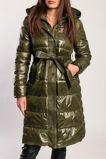 Long padded jacket with hood, military green