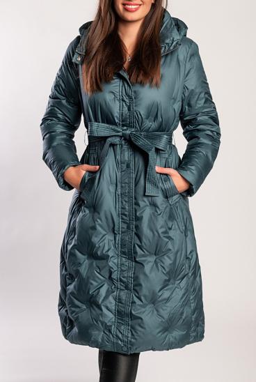 Long padded jacket with hood, petrol