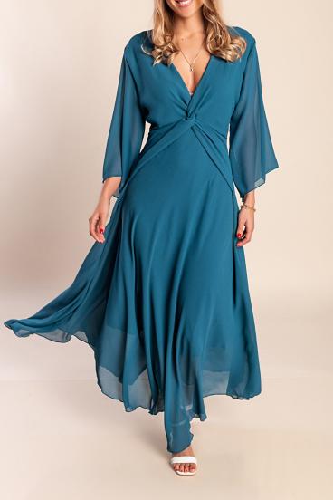 Long dress with V-neck, petrol