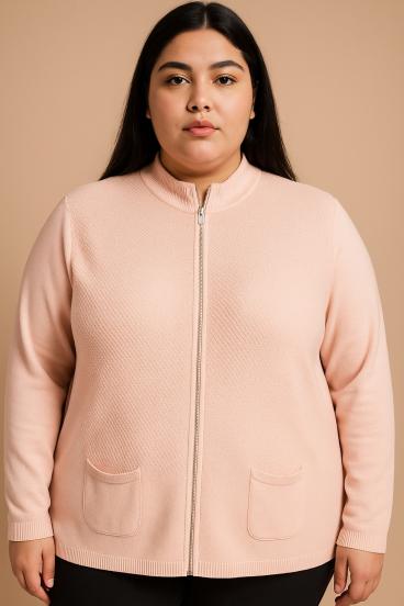 Plus size knitted cardigan with zipper, light pink