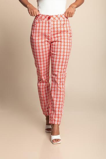 Plus size cotton trousers with print, red