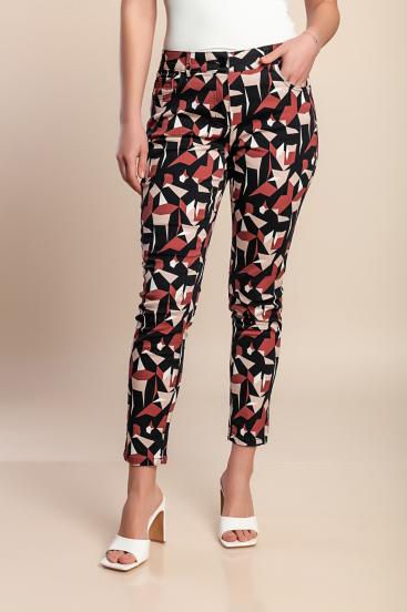 Plus size cotton trousers with print, burgundy