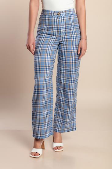 Long trousers with checked print, light blue