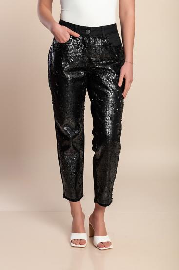 Plus size 7/8 pants with sequins, black