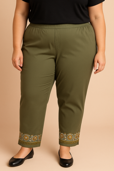 Plus size cotton pants with embroidery, olive
