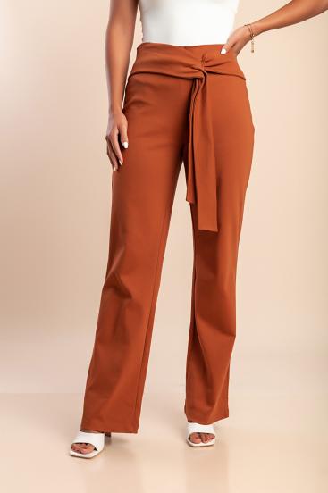 Elegant cotton trousers with decorative knot, camel