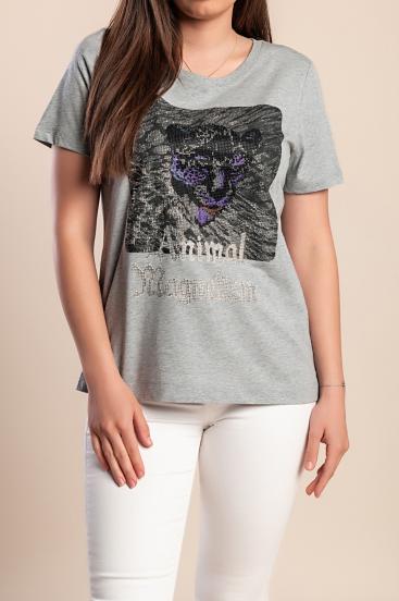 Plus size cotton T-shirt with print, grey