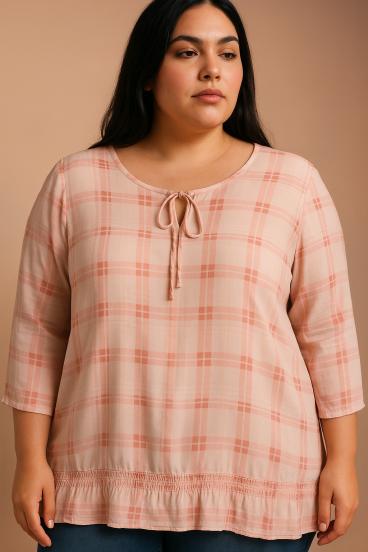 Plus size sheer tunic with check print, pink