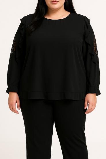 Plus size blouse with lace, black