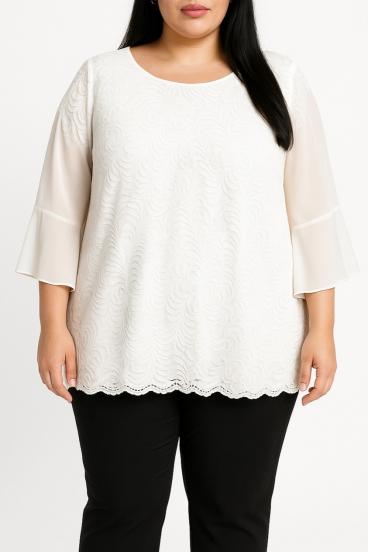 Plus size blouse with lace, white