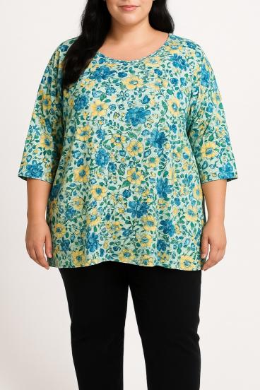 Plus size blouse with floral print, blue