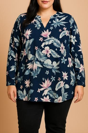 Plus size blouse with floral print, dark blue
