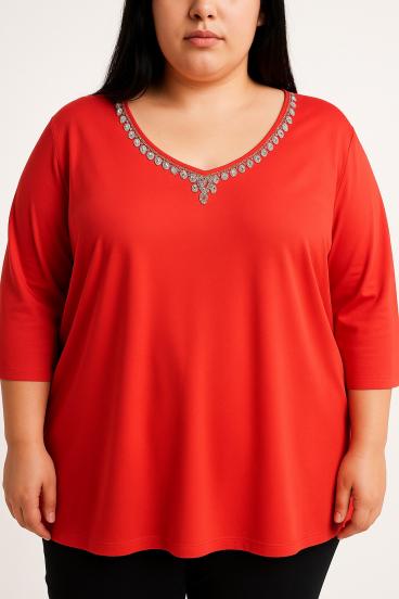 Plus size tunic with decorative detail, red