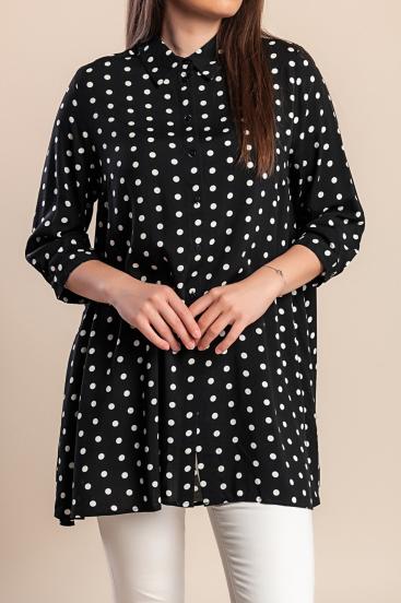 Plus size long blouse with polka dot print, black
