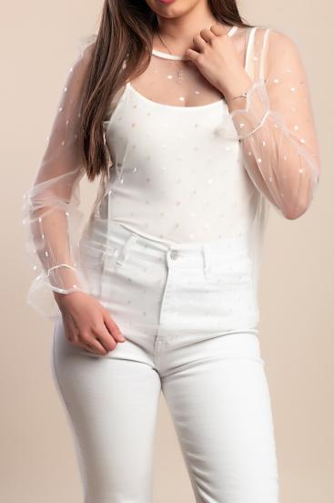 Plus size sheer long sleeve shirt, white