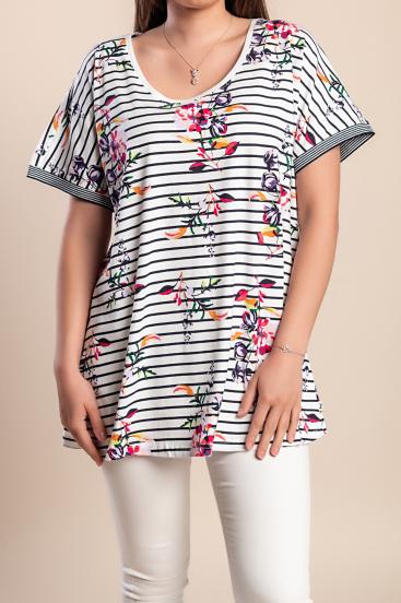 Plus size striped print t-shirt, white