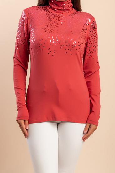 Top with high collar and sequins, pink