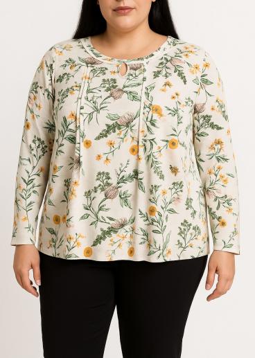 Plus size blouse with floral print, white