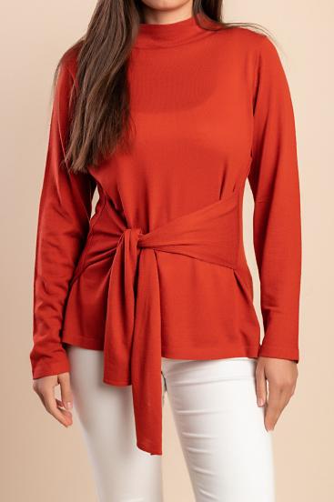 Plus size knitted sweater with decorative knot, brick