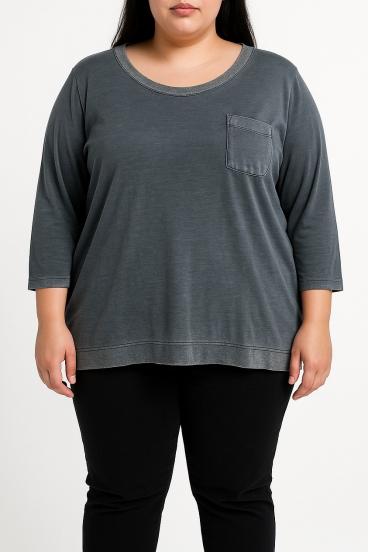 Plus size cotton t-shirt with decorative pocket, gray