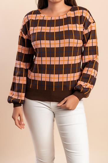 Plaid Print Sweater, Brown