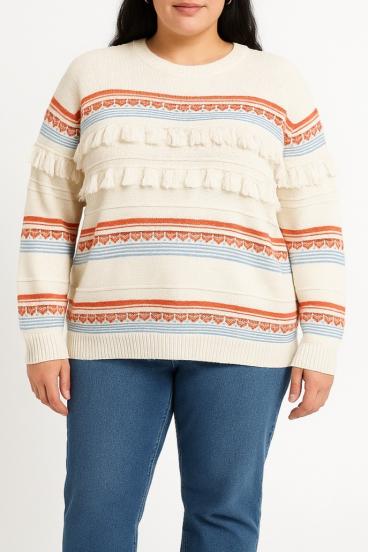 Plus size sweater with fringes, white