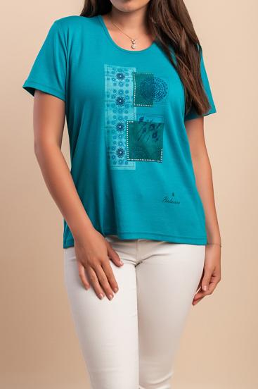 Cotton T-shirt with print, turquoise