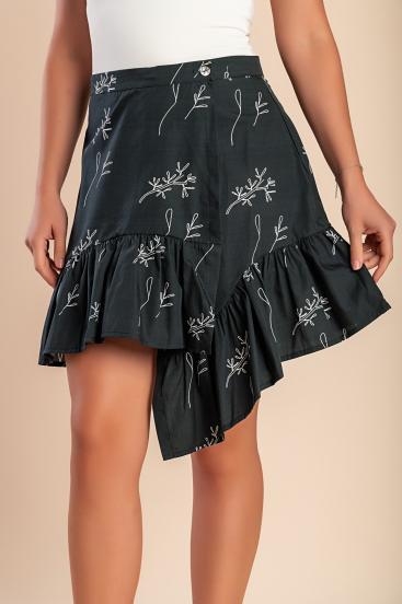 Cotton mini skirt with print, black