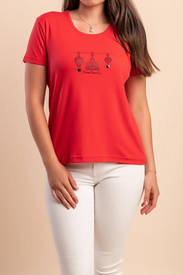 Cotton T-shirt with decorative detail, red