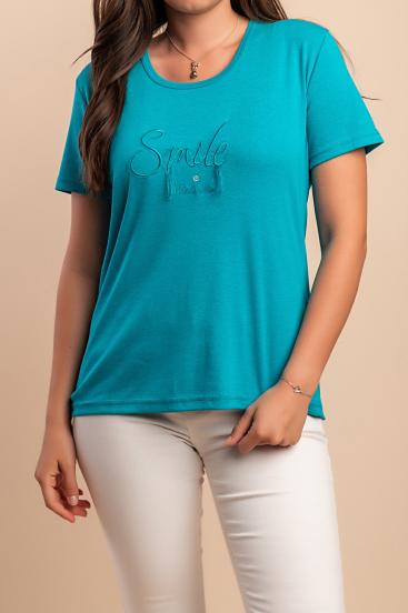 Cotton T-shirt with round neck, turquoise