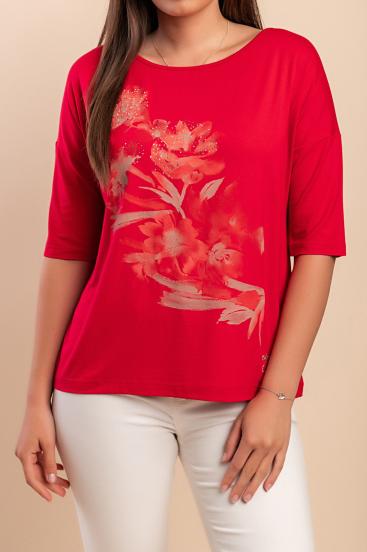 3/4 sleeve printed Top, red