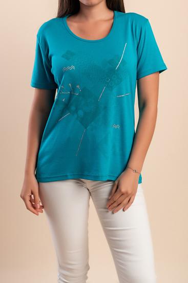Cotton T-shirt with print, turquoise
