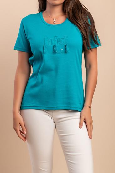 Cotton t-shirt with tassels, turquoise