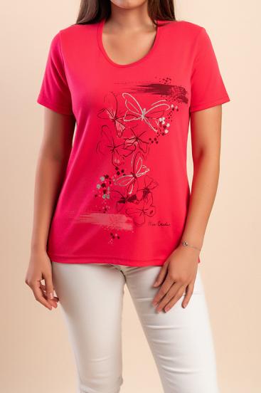 Cotton T-shirt with print, fuchsia