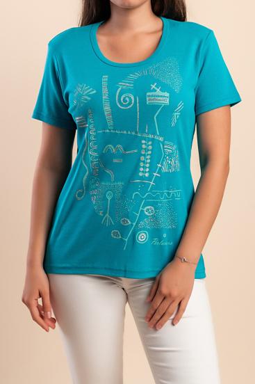 Cotton T-shirt with print, turquoise