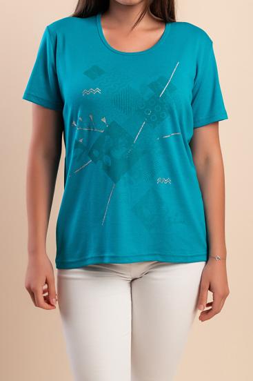 Cotton T-shirt with print, turquoise