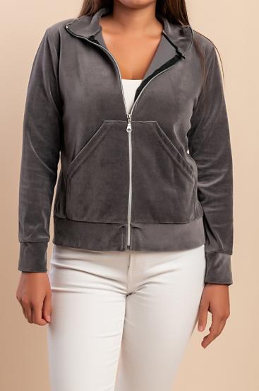 Cotton zip-up sweatshirt in imitation velvet, grey