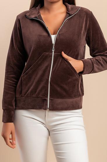 Cotton zip-up sweatshirt in imitation velvet, brown