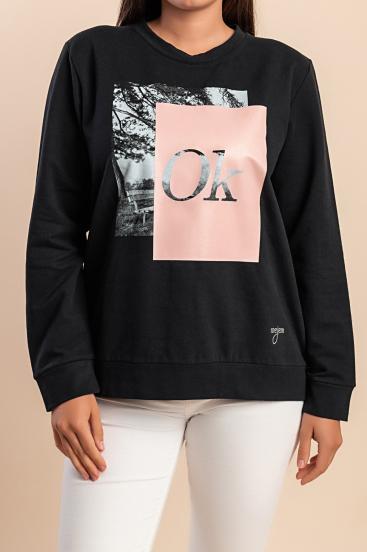 Cotton hoodie with print and zipper, black