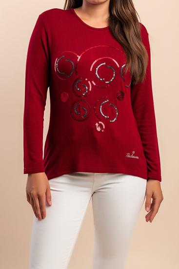 Long-sleeved cotton top, burgundy