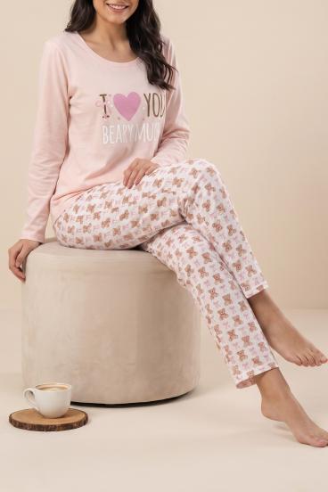Long printed pajamas, light pink-beige