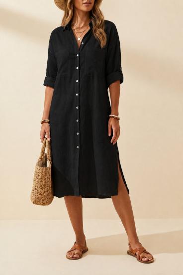 Loose linen maxi shirt dress, black
