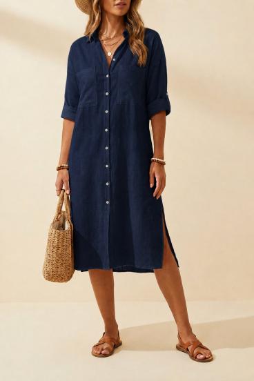 Loose Linen Maxi Shirt Dress, Dark Blue