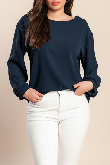 Round Neck Blouse, Dark Blue
